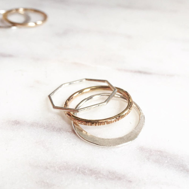 Jocelyn stack GB Agapantha Jewelry Nash Octagon ring, Paige LG Choppy stacker, sterling silver Arrica band.jpeg